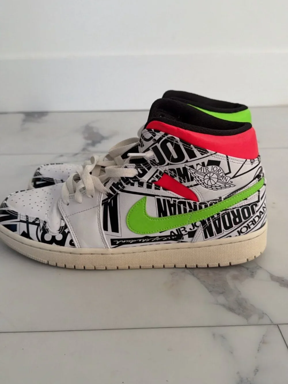 Air Jordan 1 Mid Over-Print Logos Neon Sneakers
